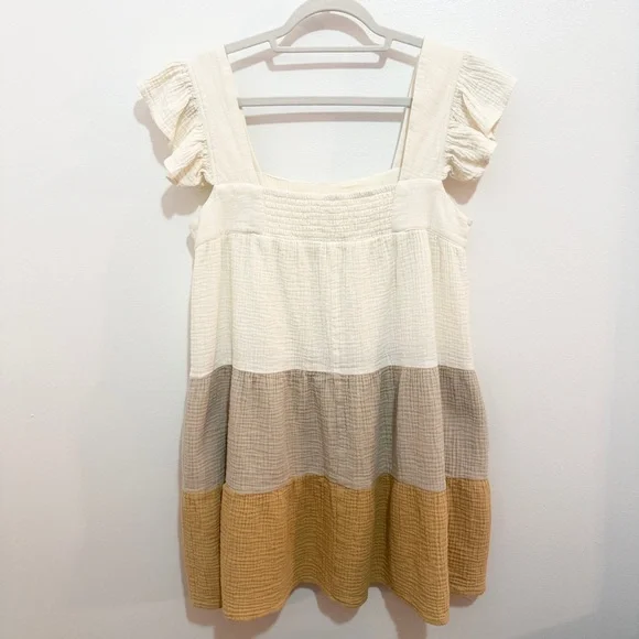 Entro Gauze Colorblock Tiered Mini Dress L Pockets Boho - Picture 3 of 9
